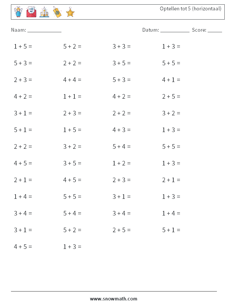 (50) Optellen tot 5 (horizontaal)