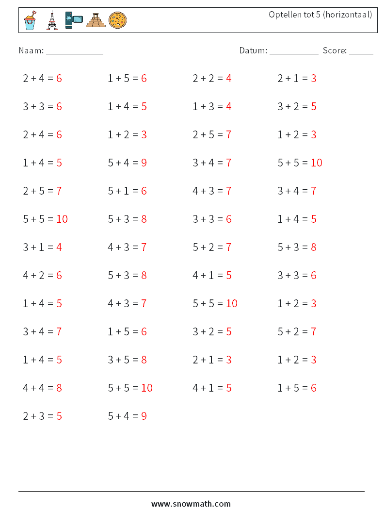 (50) Optellen tot 5 (horizontaal) Wiskundige werkbladen 5 Vraag, Antwoord