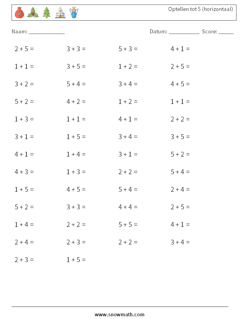 (50) Optellen tot 5 (horizontaal) Wiskundige werkbladen 7