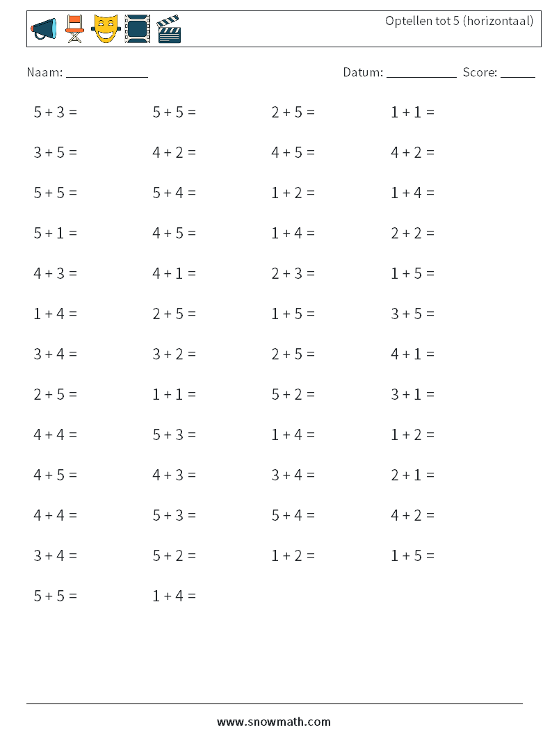 (50) Optellen tot 5 (horizontaal) Wiskundige werkbladen 8