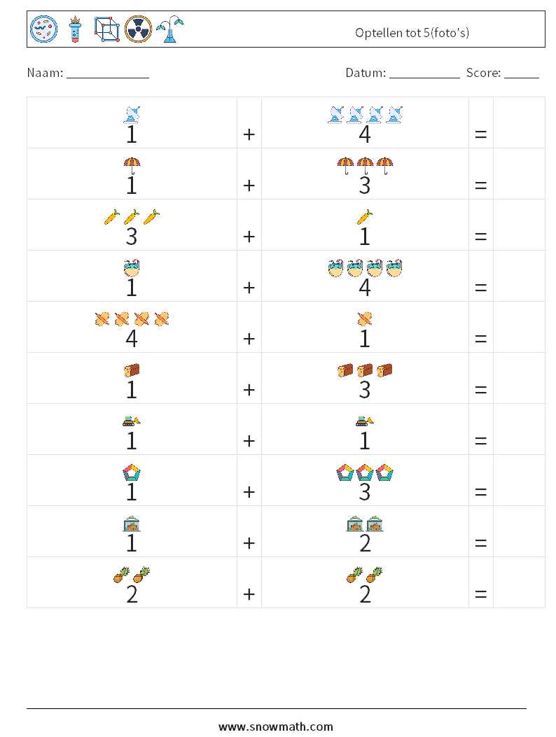 Optellen tot 5(foto's) Wiskundige werkbladen 1