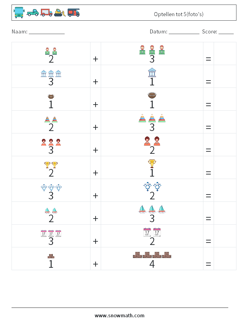 Optellen tot 5(foto's) Wiskundige werkbladen 10