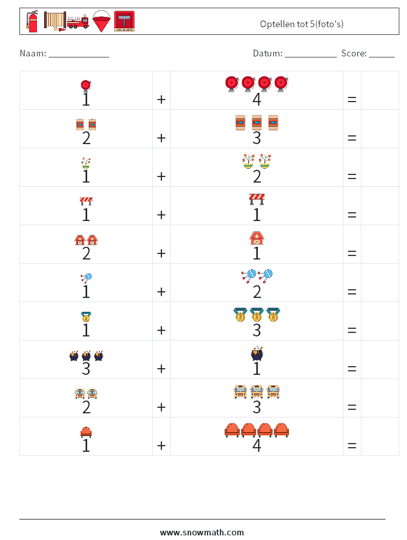Optellen tot 5(foto's) Wiskundige werkbladen 11