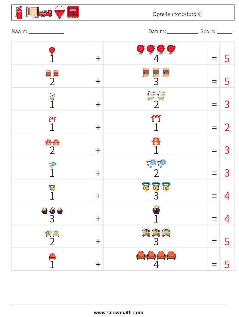 Optellen tot 5(foto's) Wiskundige werkbladen 11 Vraag, Antwoord