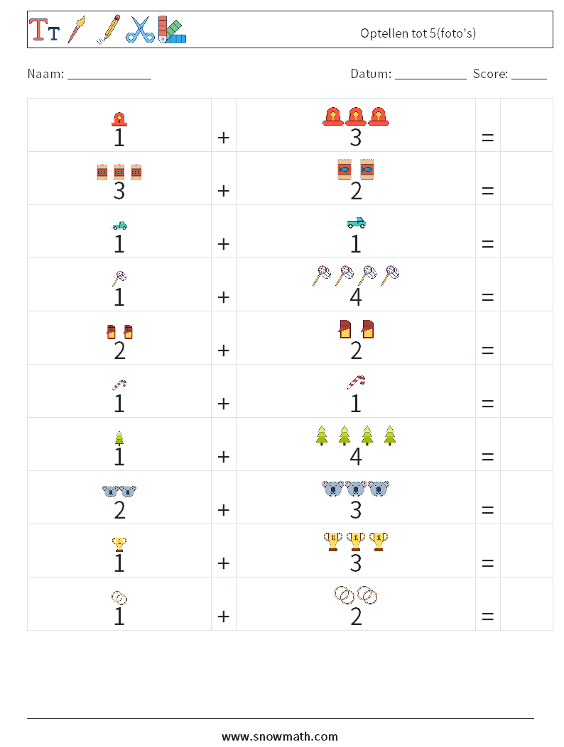 Optellen tot 5(foto's) Wiskundige werkbladen 12