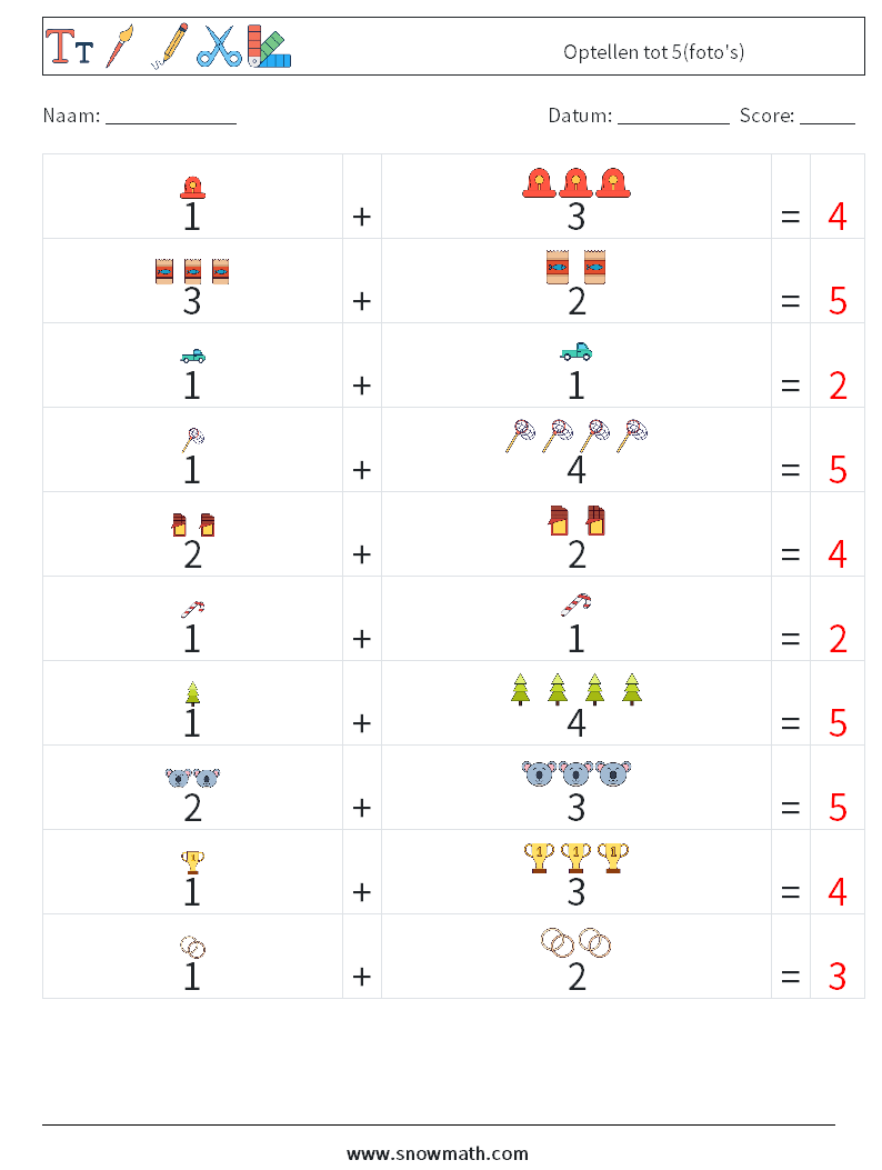 Optellen tot 5(foto's) Wiskundige werkbladen 12 Vraag, Antwoord