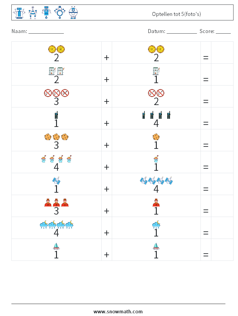 Optellen tot 5(foto's) Wiskundige werkbladen 13