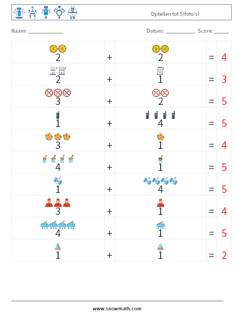 Optellen tot 5(foto's) Wiskundige werkbladen 13 Vraag, Antwoord