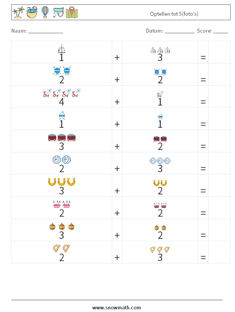 Optellen tot 5(foto's) Wiskundige werkbladen 14
