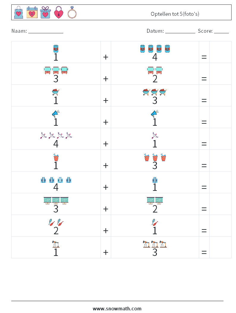 Optellen tot 5(foto's) Wiskundige werkbladen 15