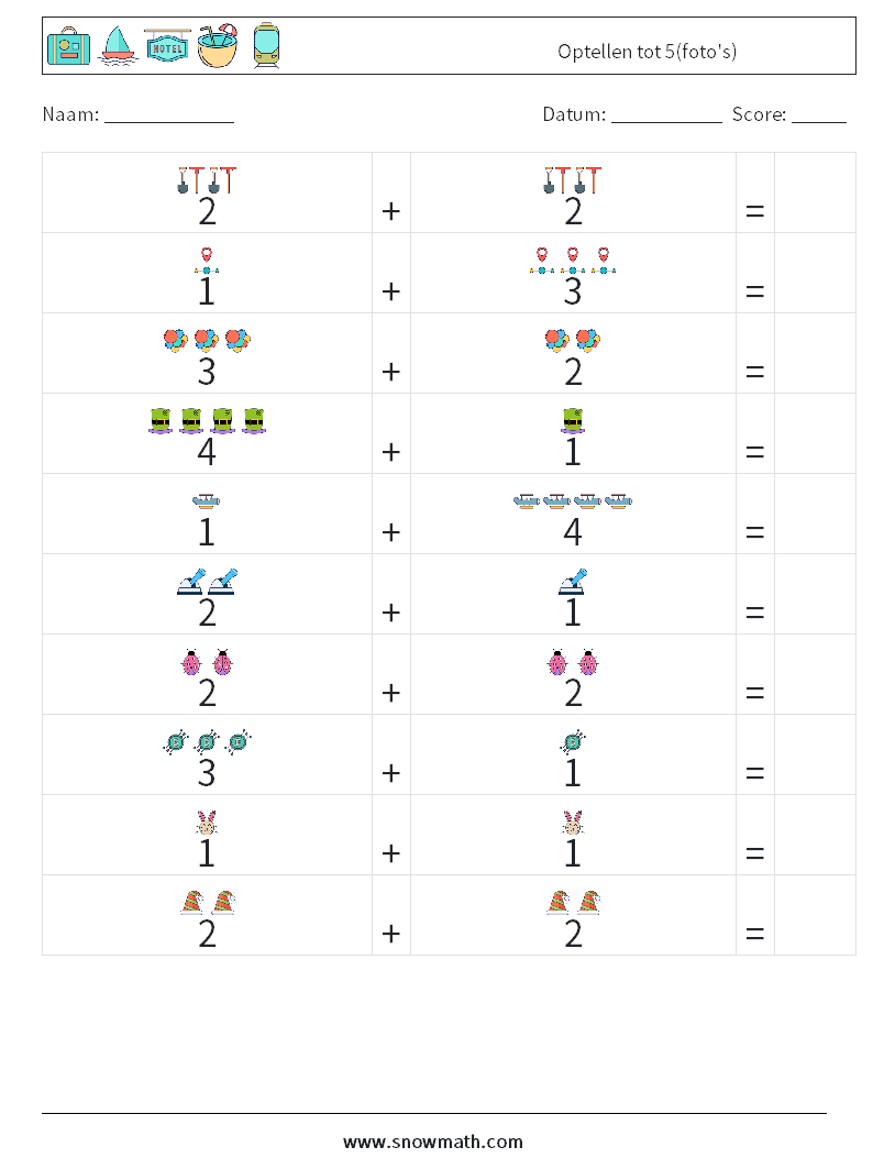 Optellen tot 5(foto's) Wiskundige werkbladen 16