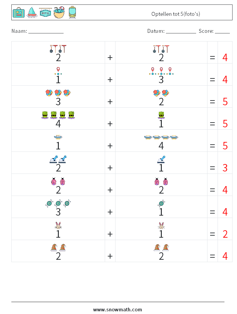 Optellen tot 5(foto's) Wiskundige werkbladen 16 Vraag, Antwoord