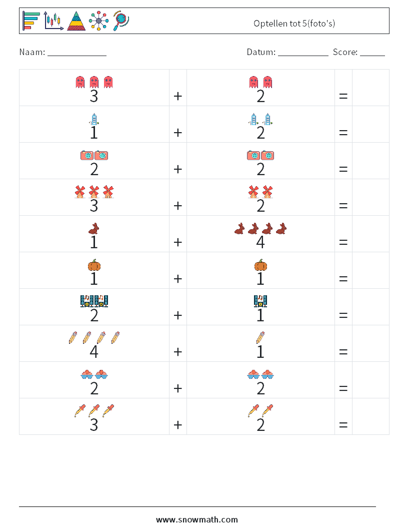 Optellen tot 5(foto's) Wiskundige werkbladen 17