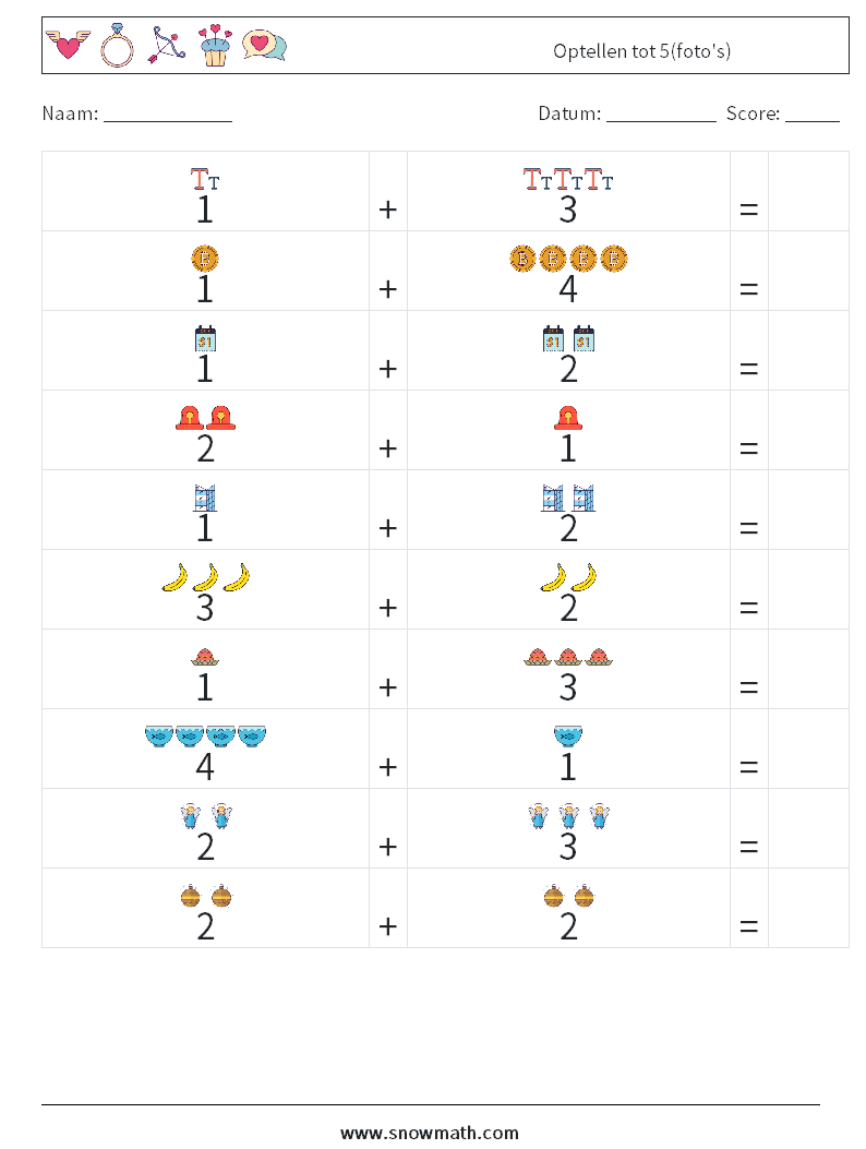 Optellen tot 5(foto's) Wiskundige werkbladen 18