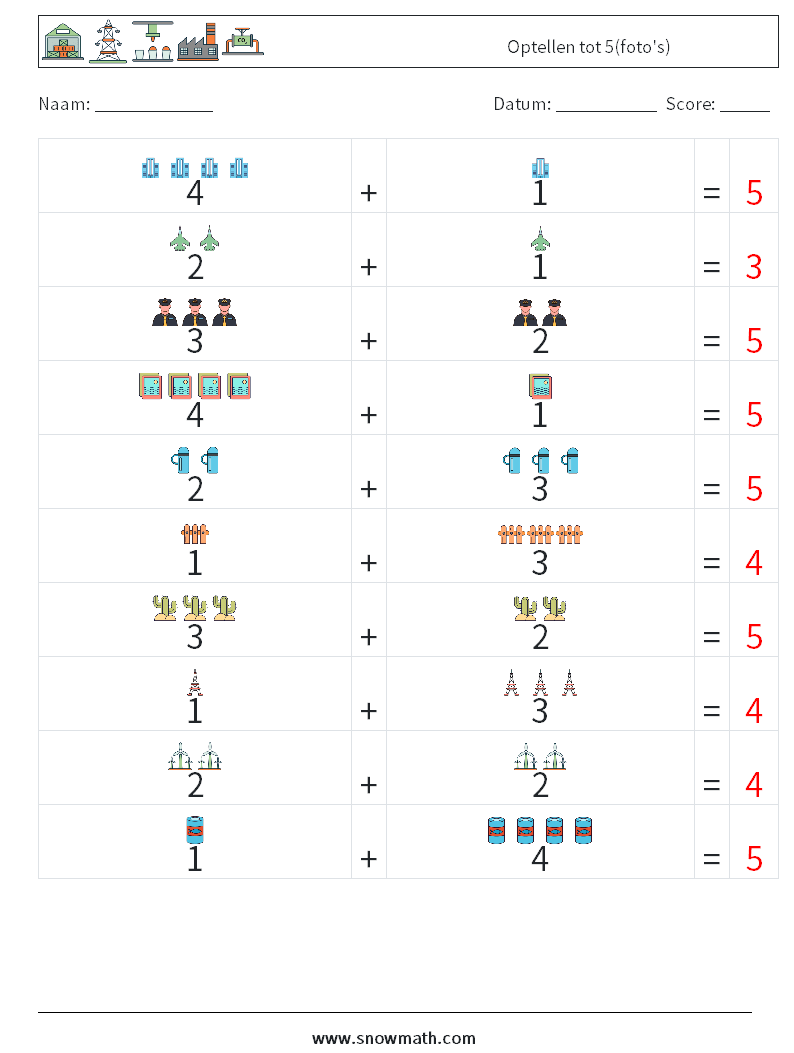 Optellen tot 5(foto's) Wiskundige werkbladen 2 Vraag, Antwoord