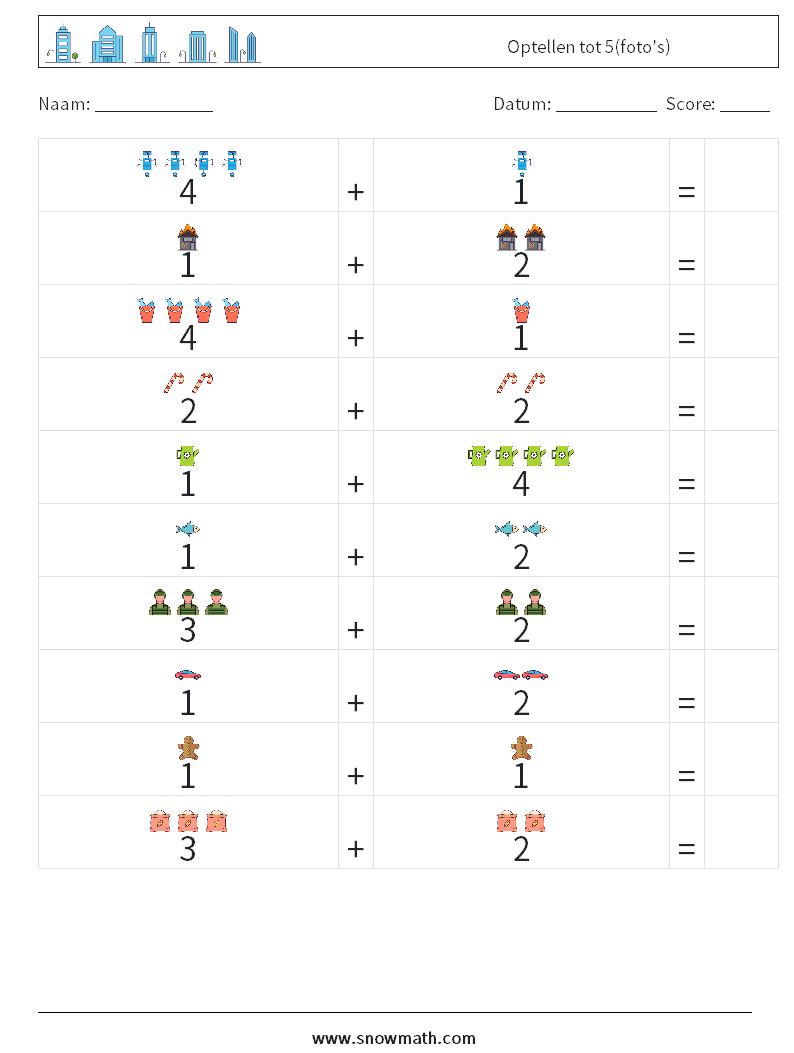 Optellen tot 5(foto's) Wiskundige werkbladen 3