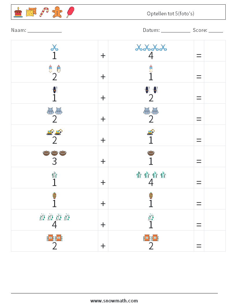 Optellen tot 5(foto's) Wiskundige werkbladen 4