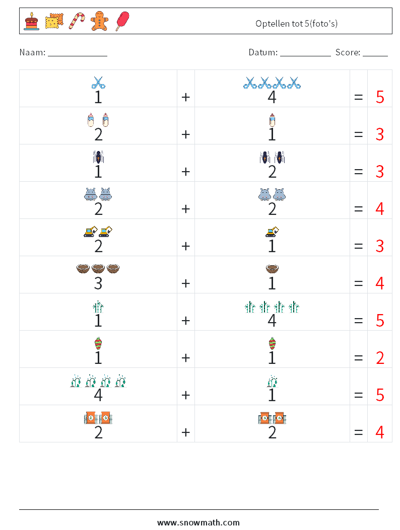 Optellen tot 5(foto's) Wiskundige werkbladen 4 Vraag, Antwoord