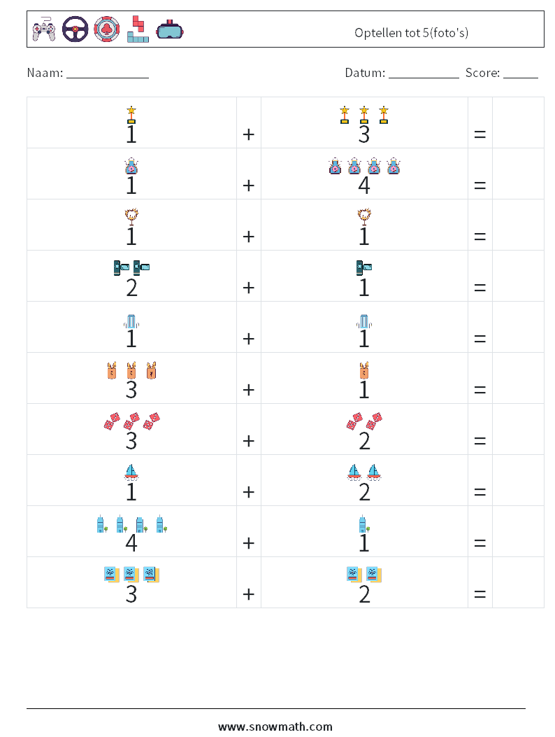 Optellen tot 5(foto's) Wiskundige werkbladen 5