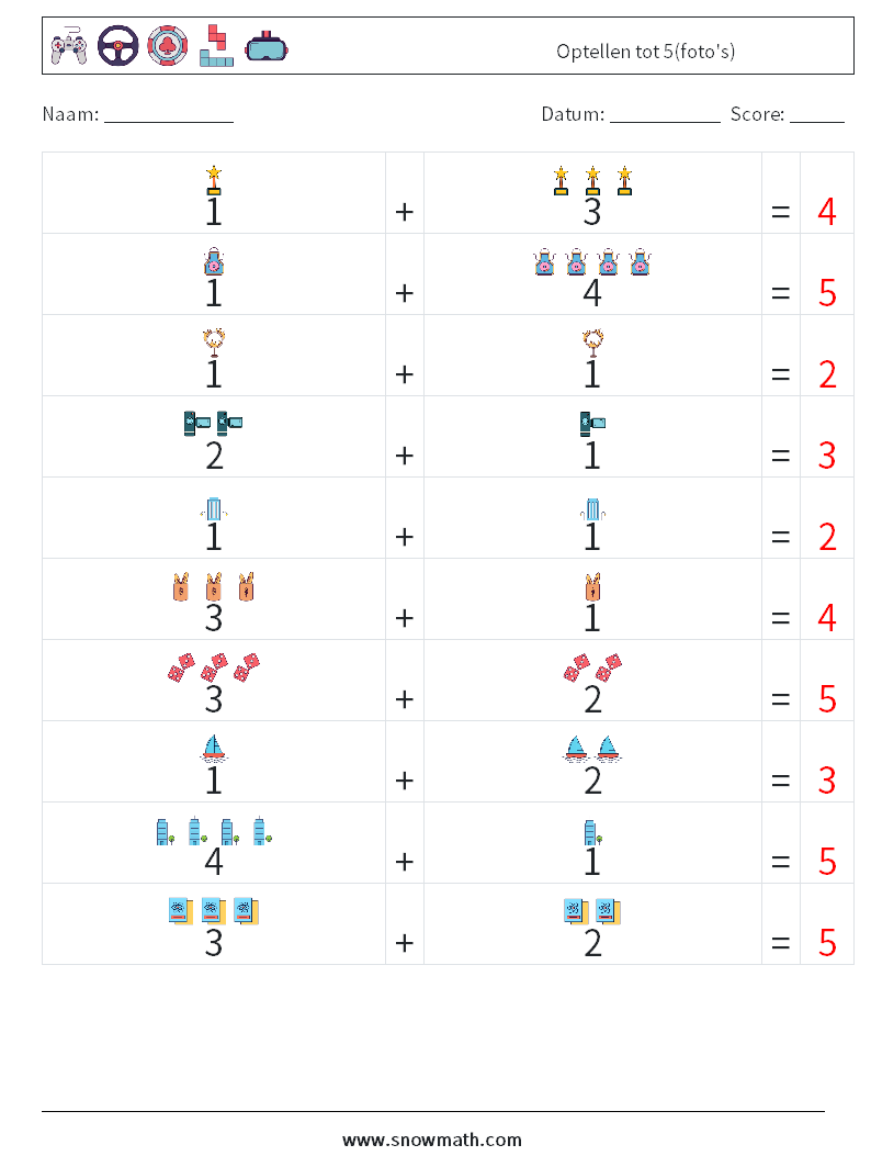 Optellen tot 5(foto's) Wiskundige werkbladen 5 Vraag, Antwoord