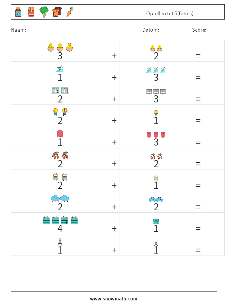 Optellen tot 5(foto's) Wiskundige werkbladen 6