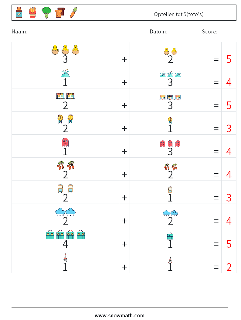 Optellen tot 5(foto's) Wiskundige werkbladen 6 Vraag, Antwoord