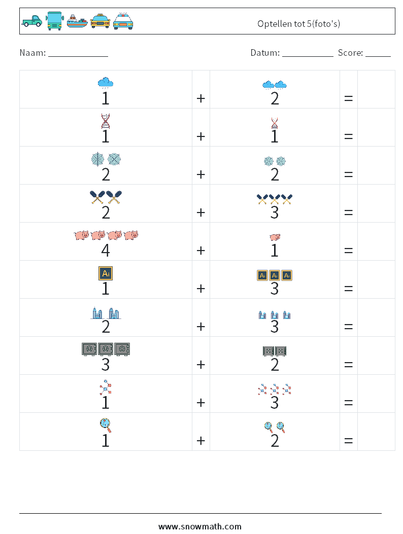 Optellen tot 5(foto's) Wiskundige werkbladen 7