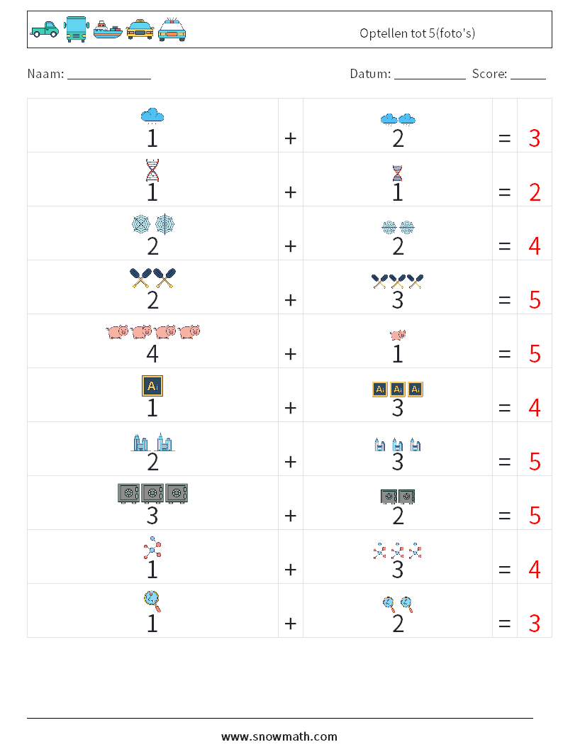 Optellen tot 5(foto's) Wiskundige werkbladen 7 Vraag, Antwoord
