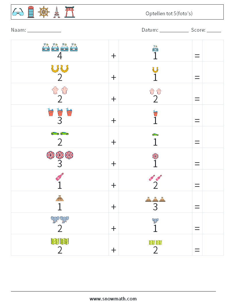 Optellen tot 5(foto's) Wiskundige werkbladen 8