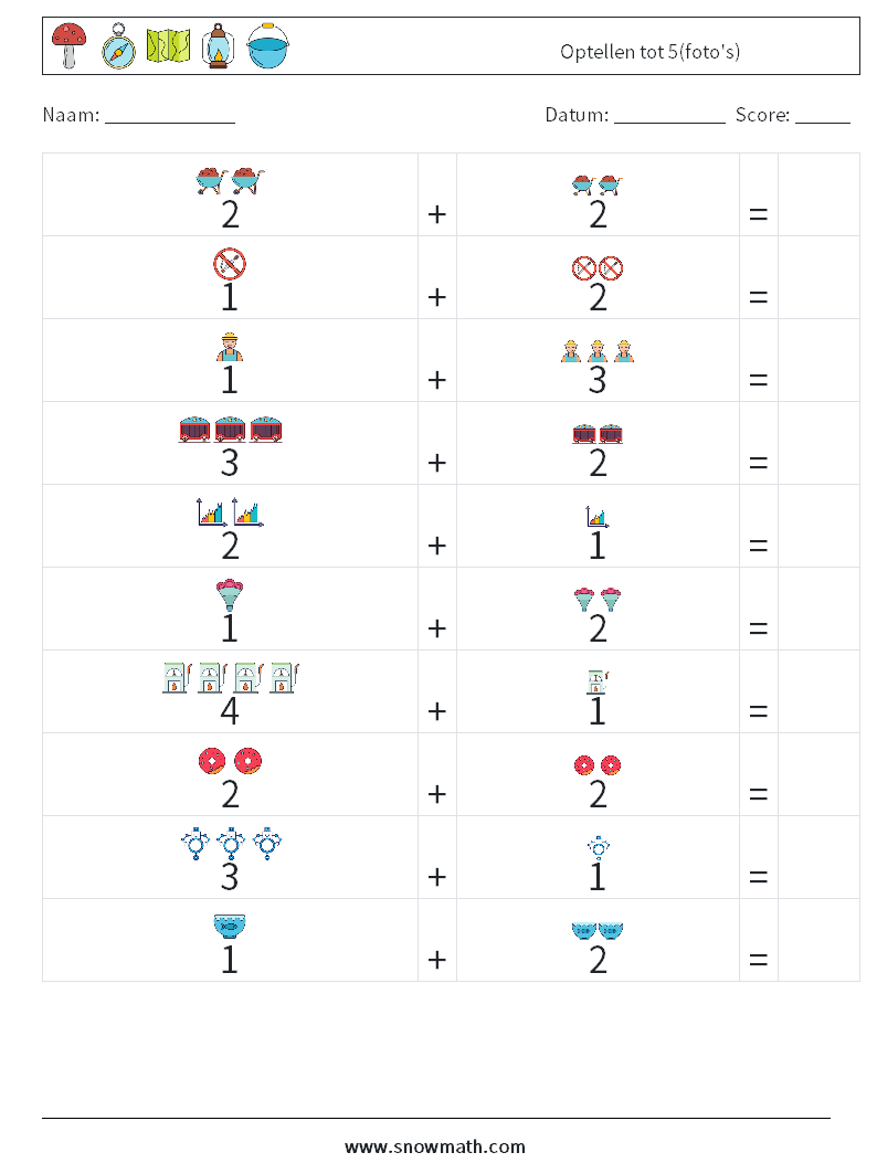 Optellen tot 5(foto's) Wiskundige werkbladen 9