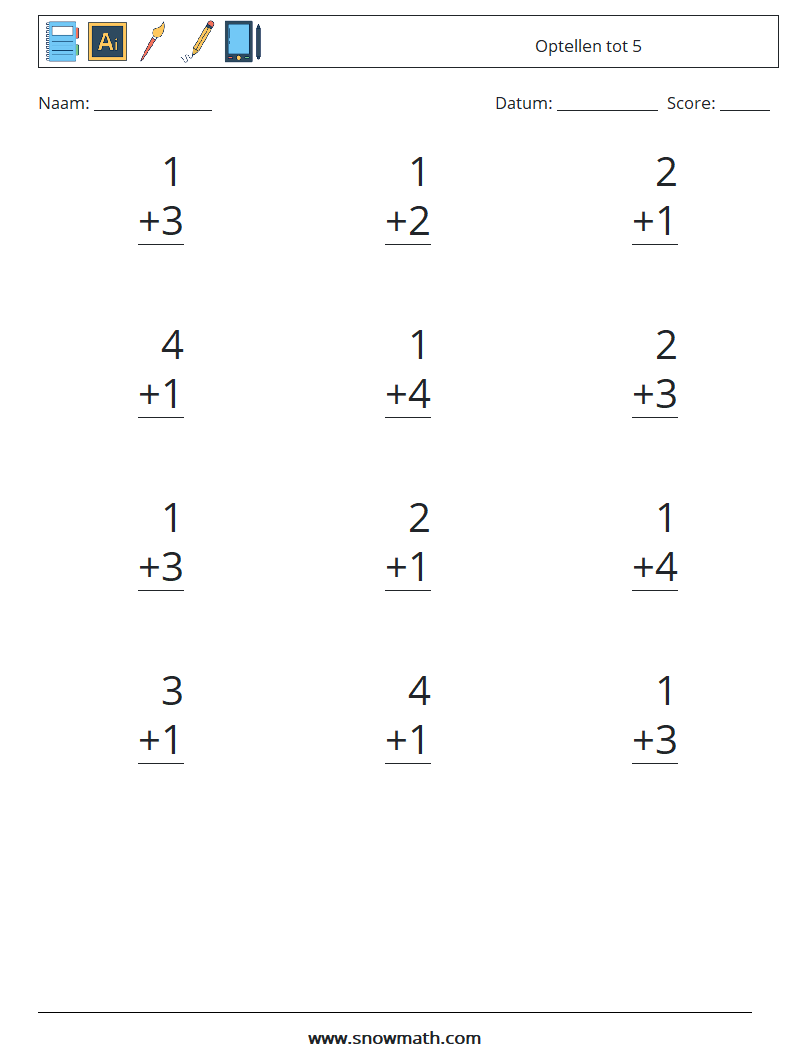(12) Optellen tot 5 Wiskundige werkbladen 2