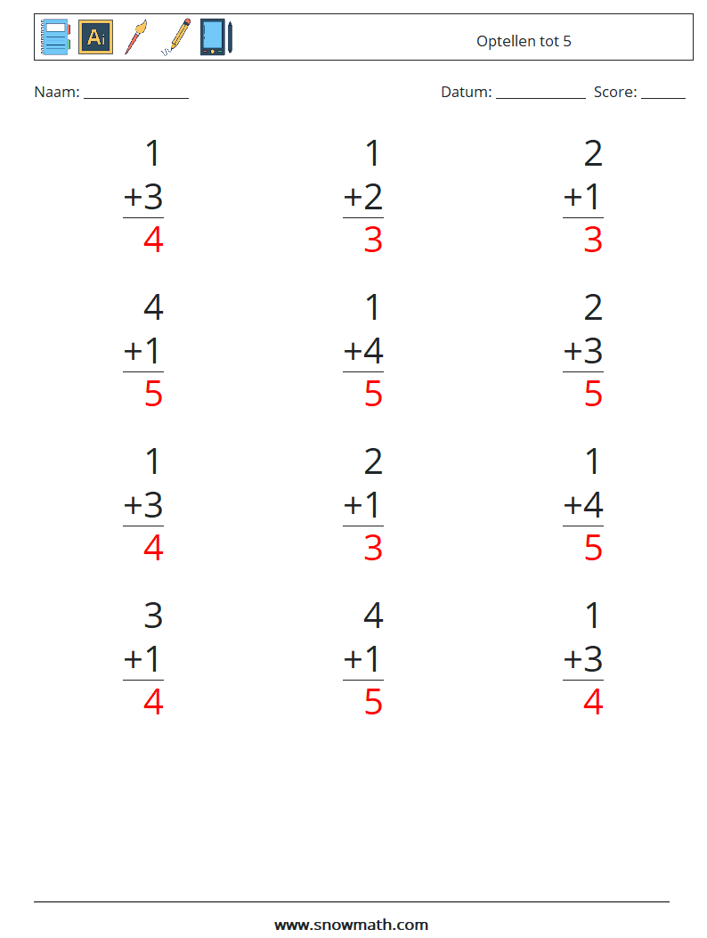 (12) Optellen tot 5 Wiskundige werkbladen 2 Vraag, Antwoord