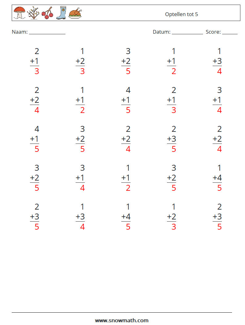 (25) Optellen tot 5 Wiskundige werkbladen 1 Vraag, Antwoord