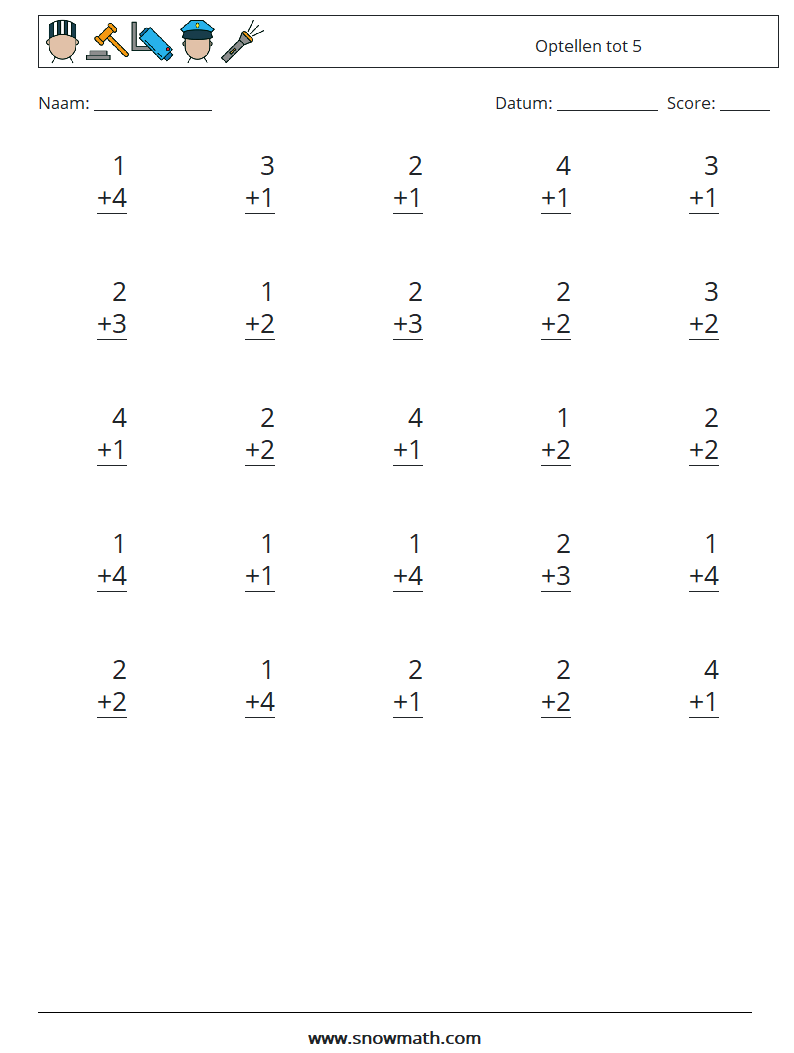 (25) Optellen tot 5 Wiskundige werkbladen 3