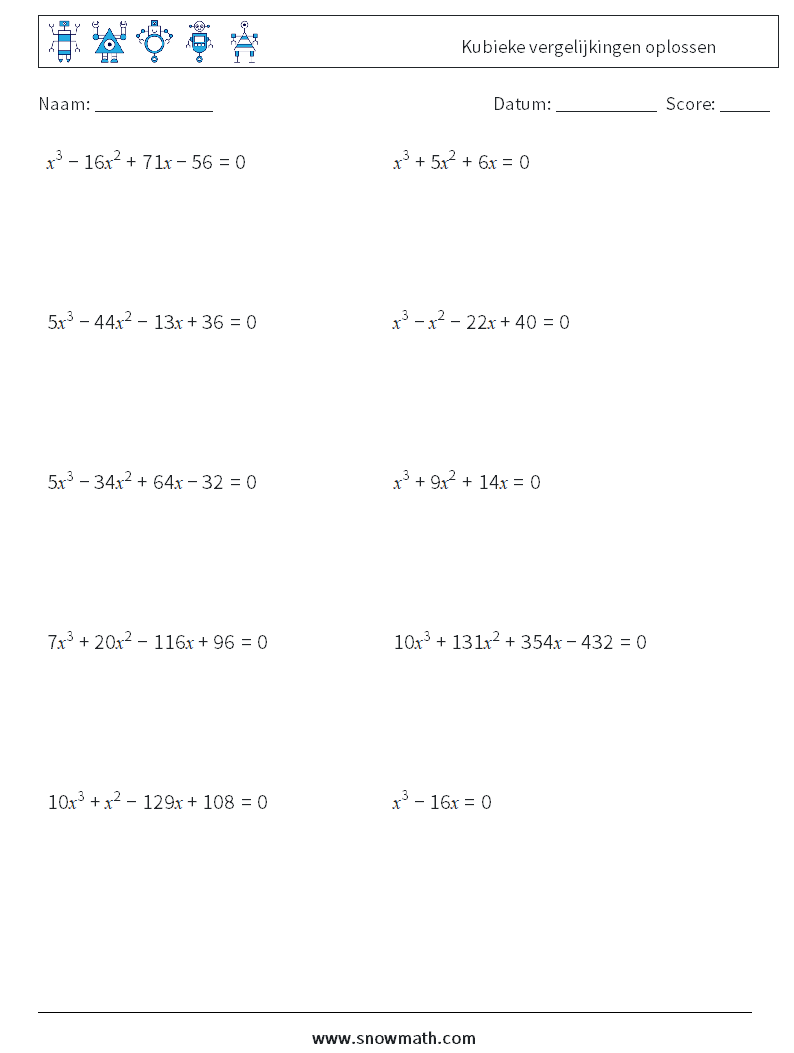 Kubieke vergelijkingen oplossen Wiskundige werkbladen 1