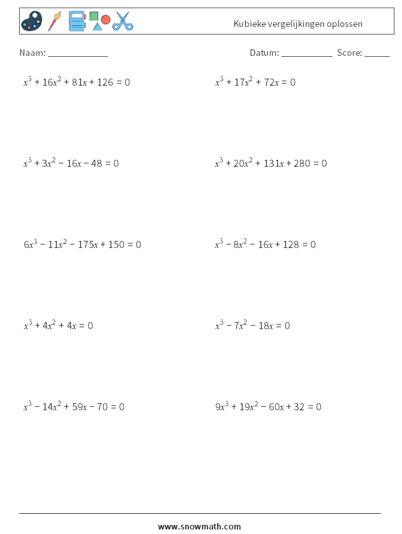 Kubieke vergelijkingen oplossen Wiskundige werkbladen 2