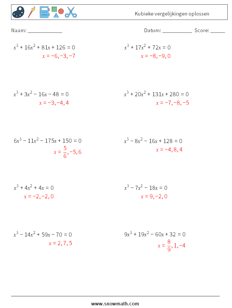 Kubieke vergelijkingen oplossen Wiskundige werkbladen 2 Vraag, Antwoord