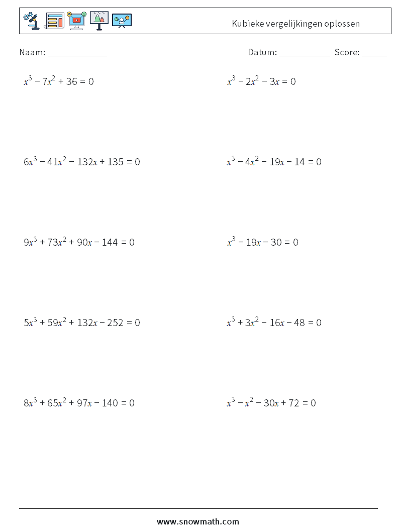 Kubieke vergelijkingen oplossen Wiskundige werkbladen 3