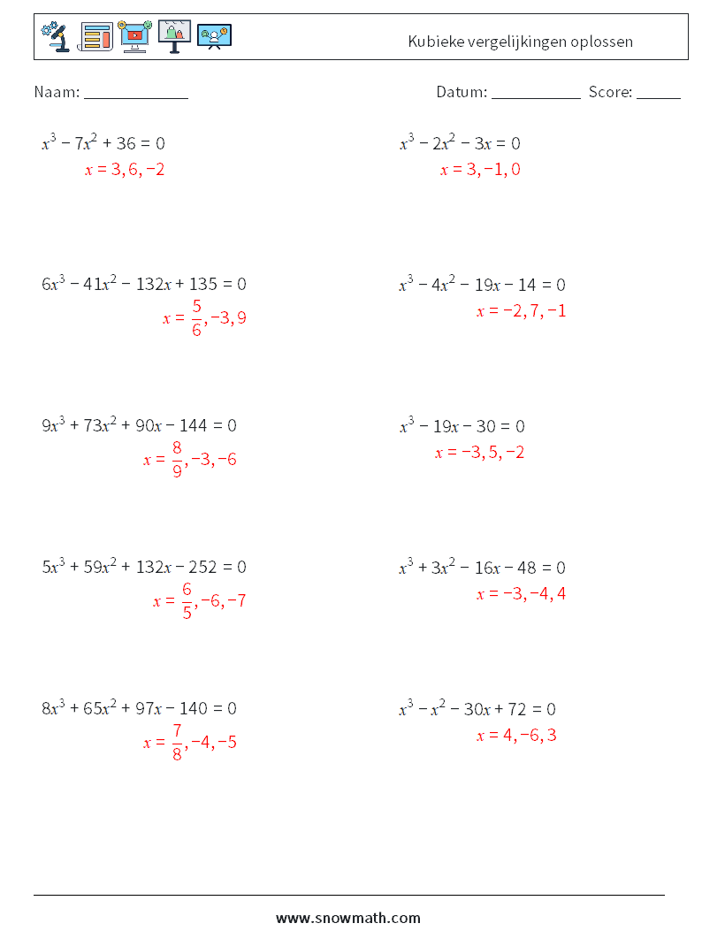 Kubieke vergelijkingen oplossen Wiskundige werkbladen 3 Vraag, Antwoord