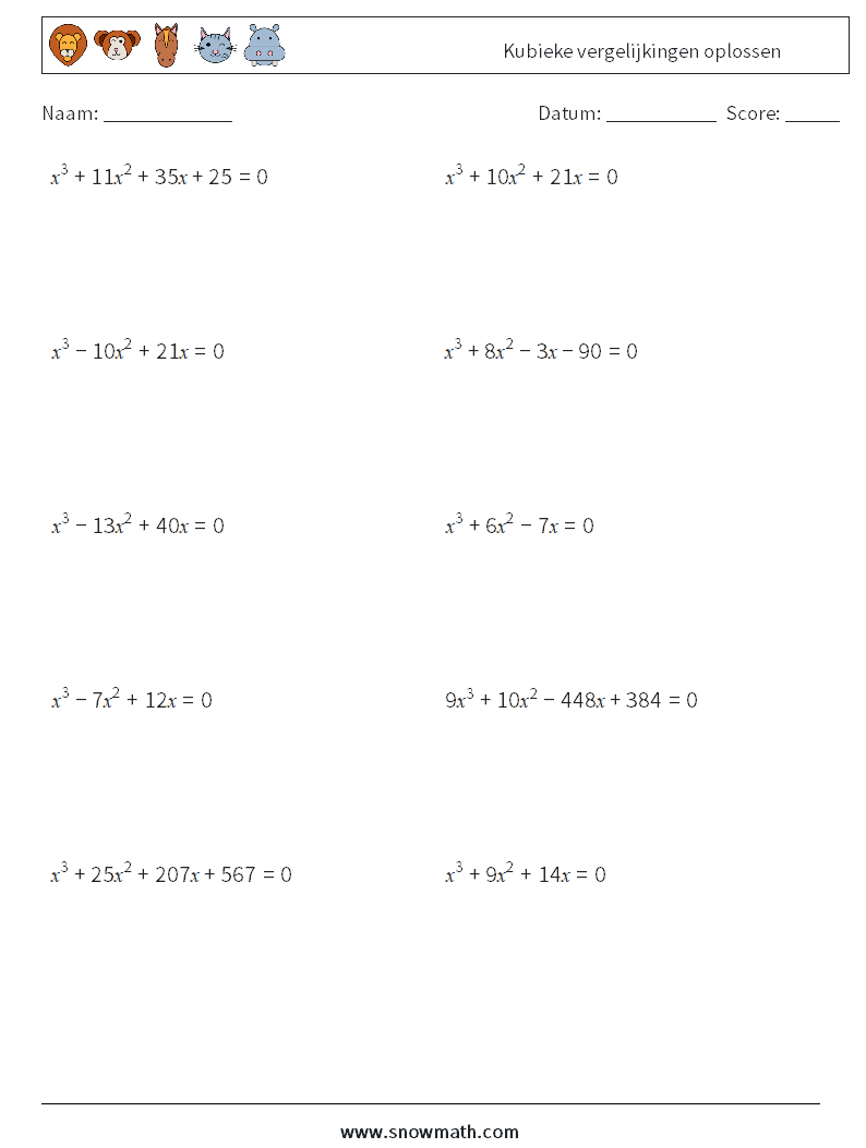 Kubieke vergelijkingen oplossen Wiskundige werkbladen 4