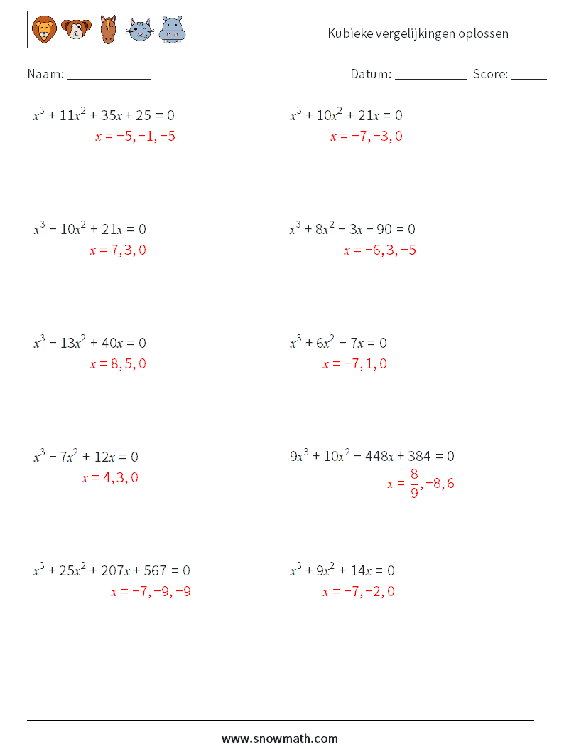 Kubieke vergelijkingen oplossen Wiskundige werkbladen 4 Vraag, Antwoord