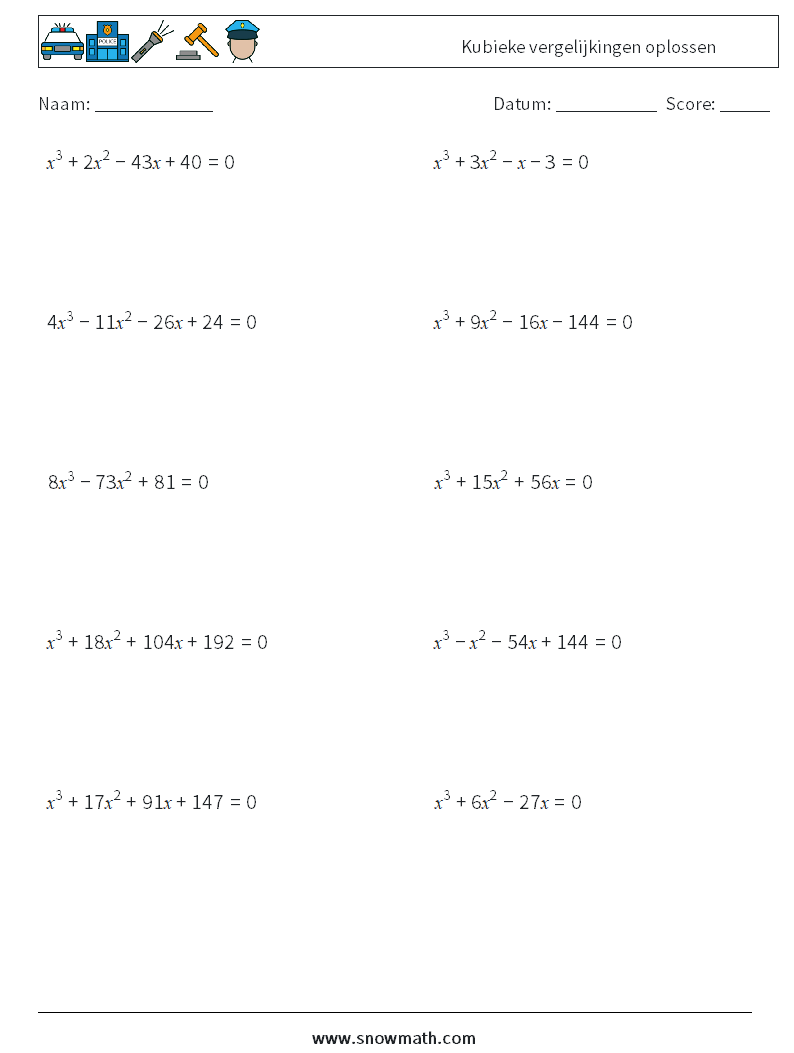 Kubieke vergelijkingen oplossen Wiskundige werkbladen 5