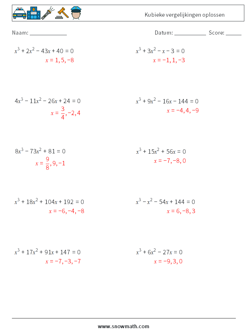 Kubieke vergelijkingen oplossen Wiskundige werkbladen 5 Vraag, Antwoord