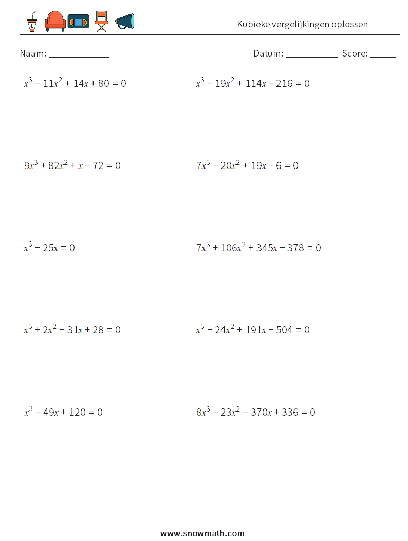 Kubieke vergelijkingen oplossen Wiskundige werkbladen 6