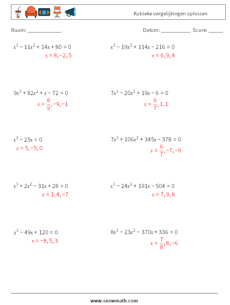 Kubieke vergelijkingen oplossen Wiskundige werkbladen 6 Vraag, Antwoord