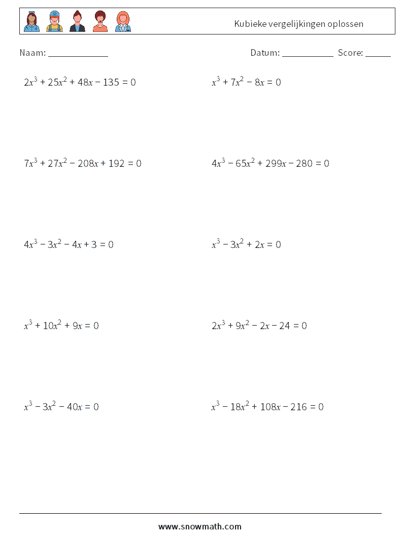 Kubieke vergelijkingen oplossen Wiskundige werkbladen 7