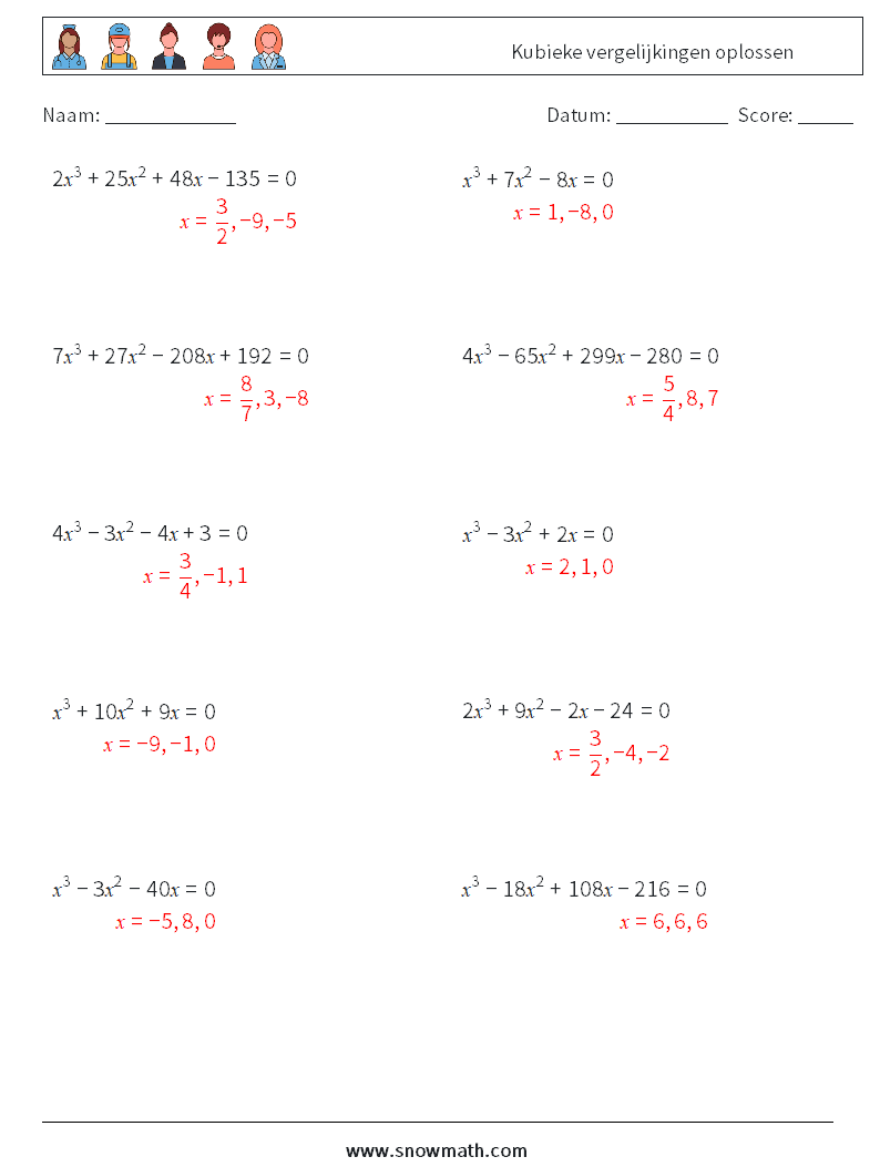 Kubieke vergelijkingen oplossen Wiskundige werkbladen 7 Vraag, Antwoord