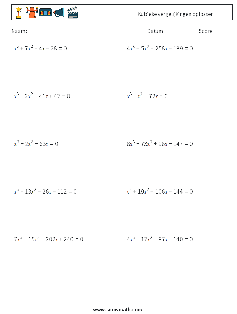 Kubieke vergelijkingen oplossen Wiskundige werkbladen 8