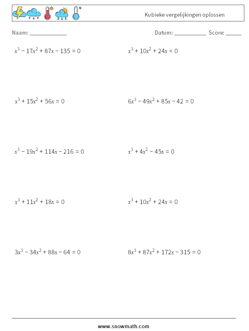 Kubieke vergelijkingen oplossen Wiskundige werkbladen 9