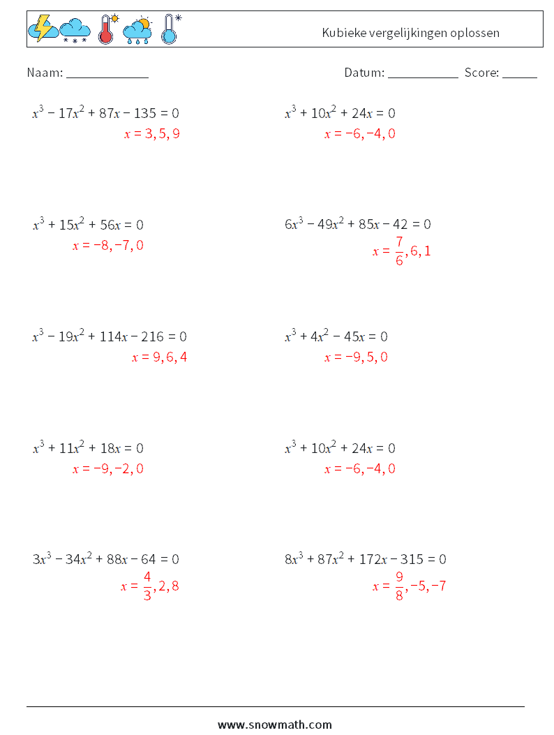 Kubieke vergelijkingen oplossen Wiskundige werkbladen 9 Vraag, Antwoord